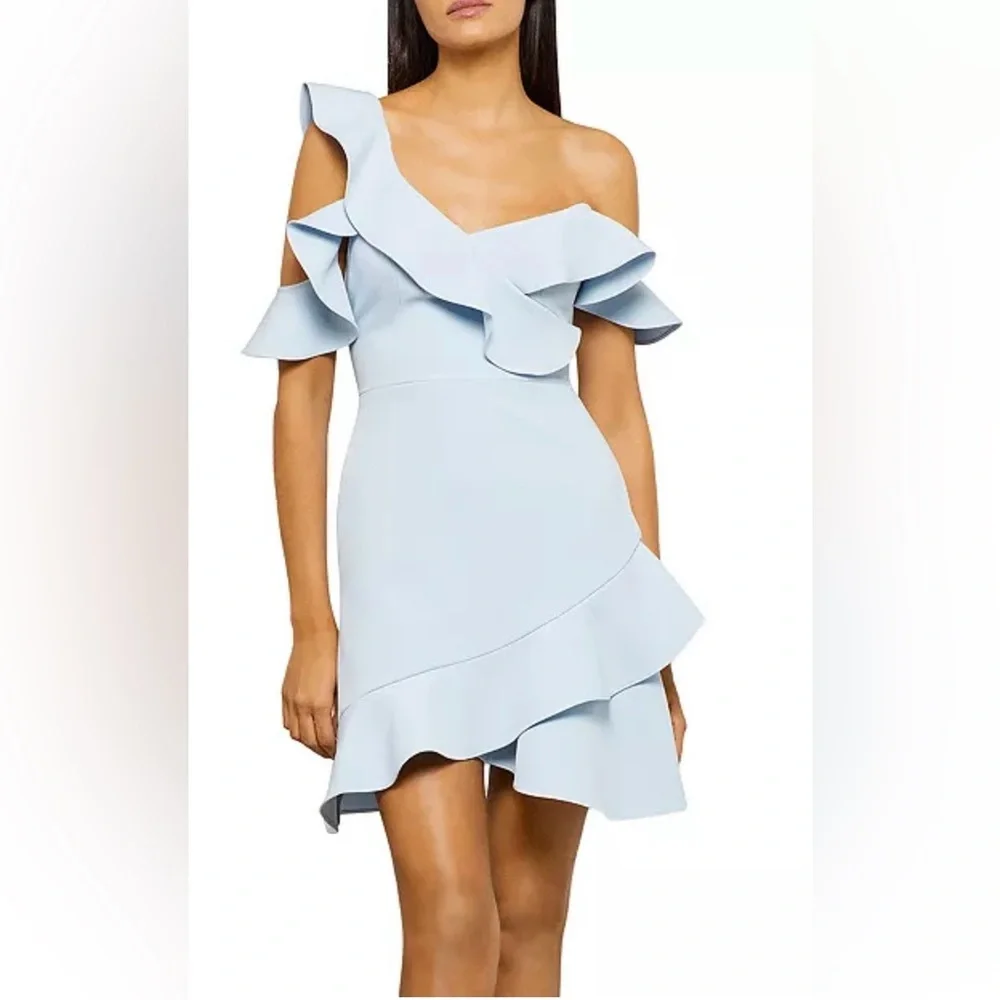 BCBGMaxAzria Light Blue One-Shoulder Ruffle Mini Dress - Picture 2 of 4